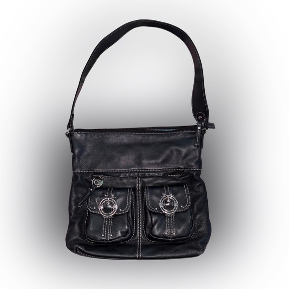 Stone Mountain Accessories Handbags - Stone Mountain Black Genuine Leather Shoulder Bag with Blue Paisley Interior